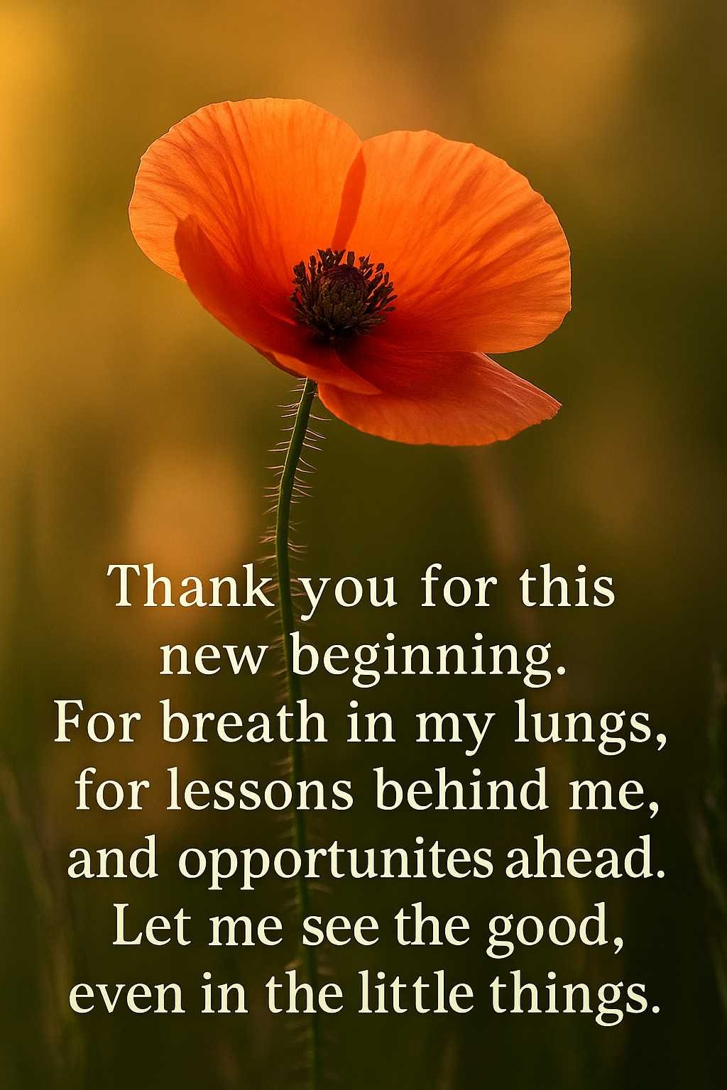 Thank you for this new beginning. For breath in my lungs, for lessons behind me, and opportunities ahead. Let me see the good, even in the little things.