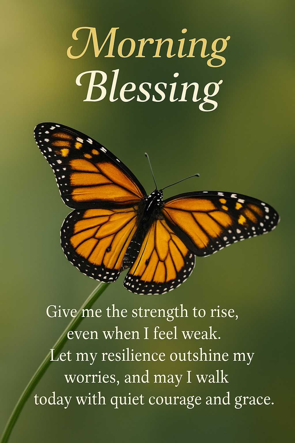 Give me the strength to rise, even when I feel weak. Let my resilience outshine my worries, and may I walk today with quiet courage and grace.